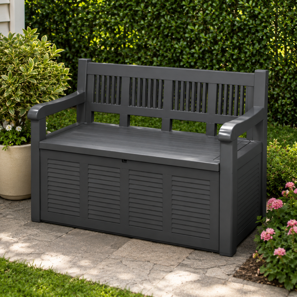 Charcoal garden storage bench for small yard
