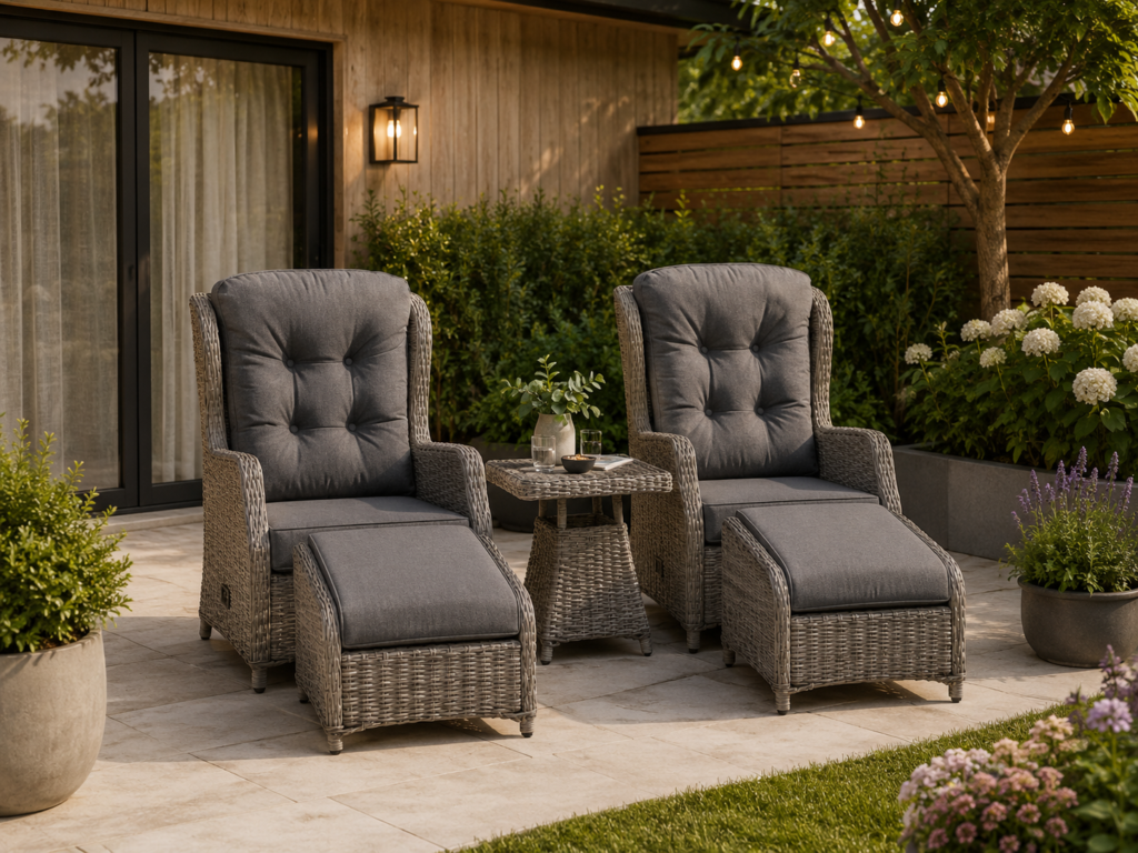 Cozy garden patio with recliner chairs