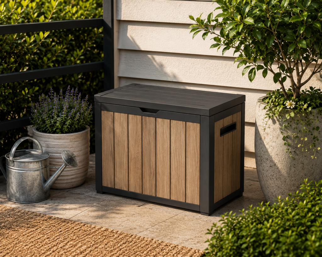 Garden corner with small outdoor storage box