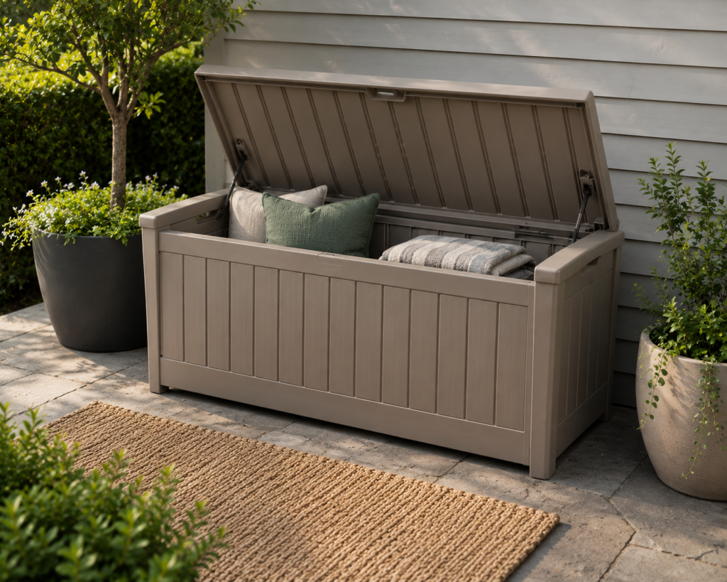 Outdoor plastic storage bench with garden elements
