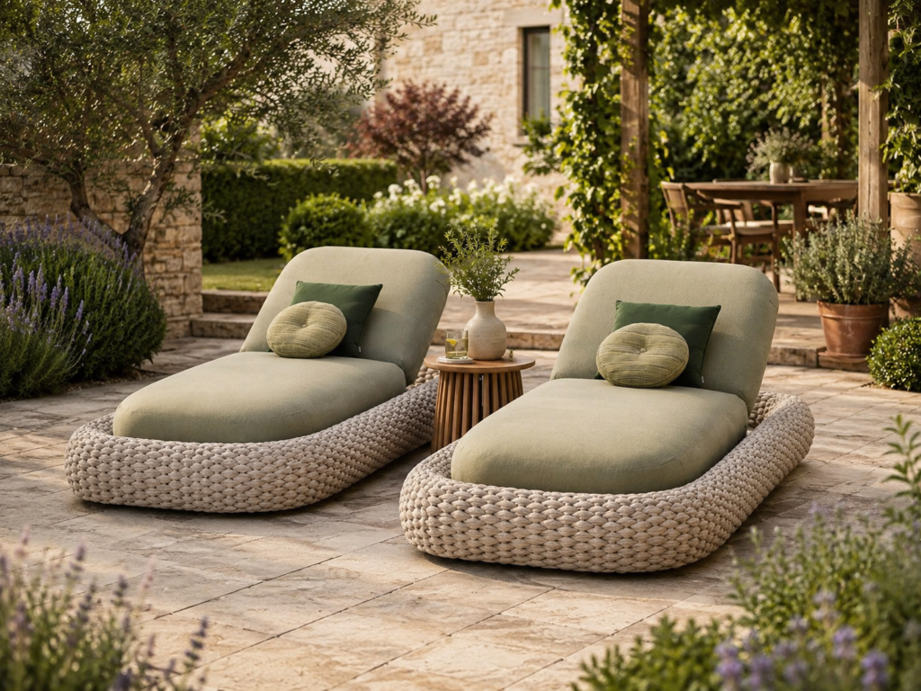 Tranquil garden terrace rattan sun loungers Tranquil garden terrace rattan sun loungers