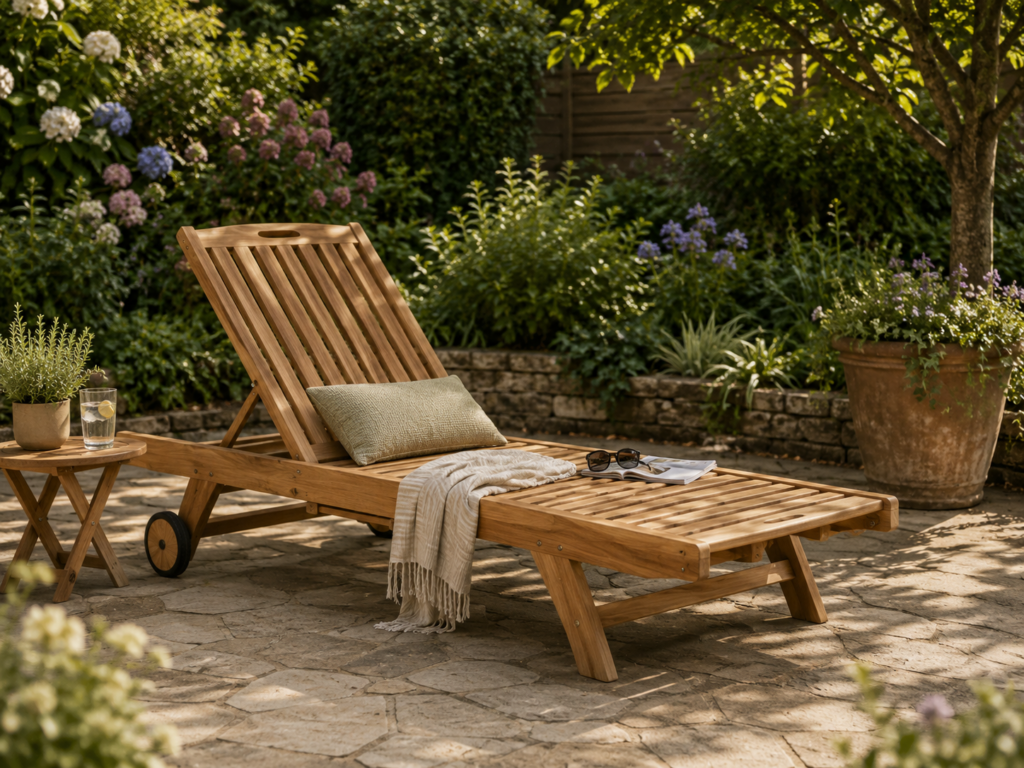 aesthetic wooden garden sun lounger aesthetic wooden sun lounger in a sunny patio