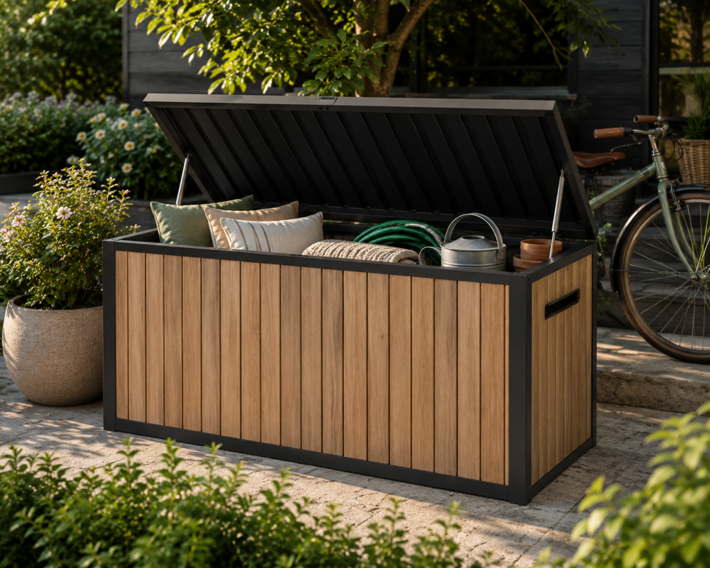 backyard with organized outdoor waterproof storage box