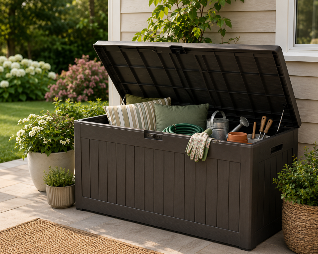 outdoor storage boxes garden setting