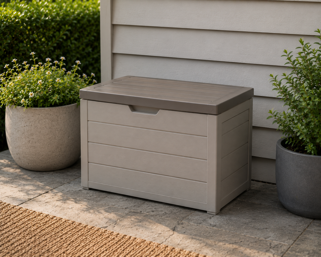 garden corner with small plastic storage box