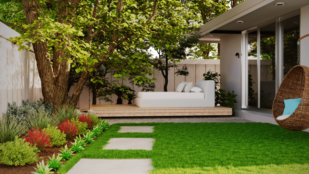 pexels-photo-31291000-31291000 A serene outdoor patio with lush garden, wooden decking, and hammock seating.