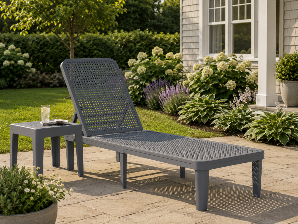 plastic sun lounger in sunny garden traditional plastic sun lounger in sunny garden