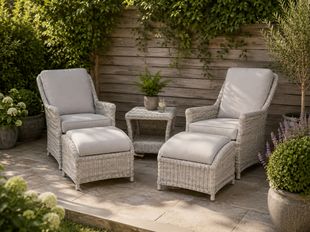 tranquil garden with sun recliner chairs